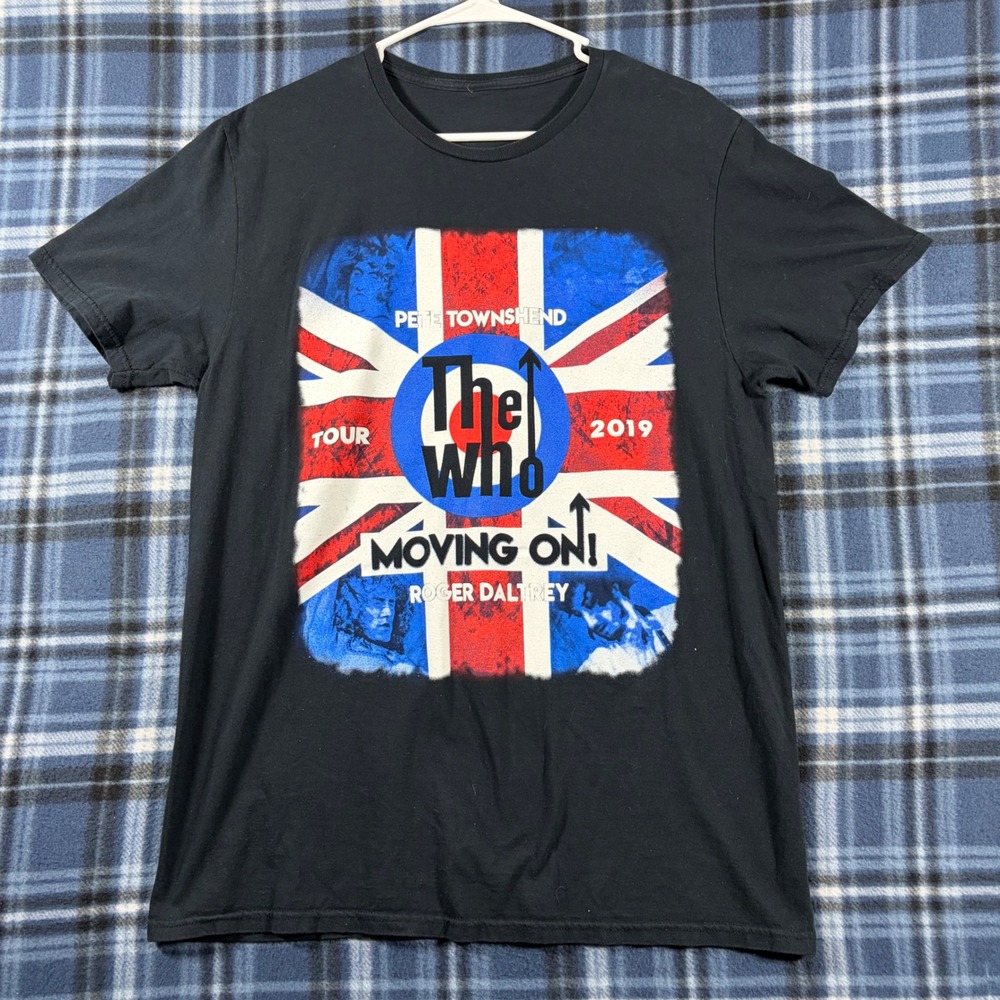 The Who Moving On Tour 2019 Concert T-Shirt Mens Black Rock Band Tee Union Jack